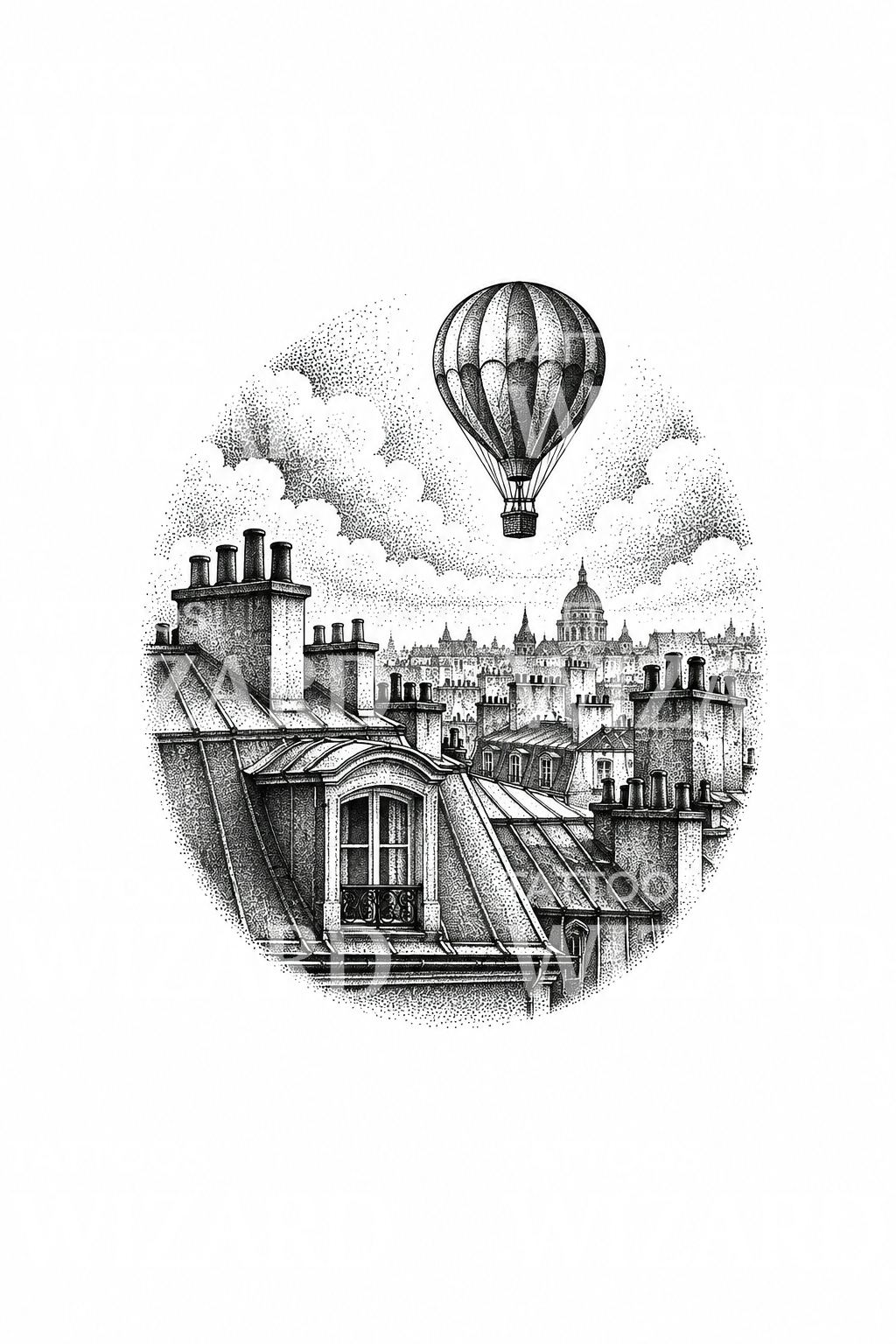 Párizsi háztetők és hőlégballon dotwork tetoválása