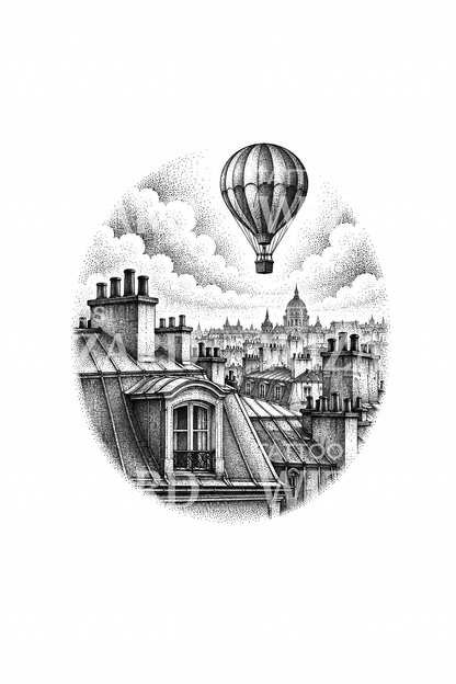 Párizsi háztetők és hőlégballon dotwork tetoválása