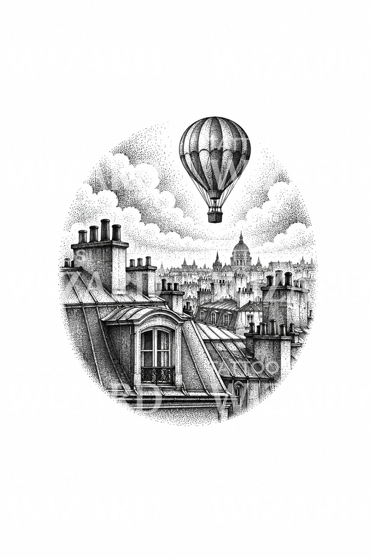 Pariisin kattojen ja kuumailmapallon dotwork-tatuointi