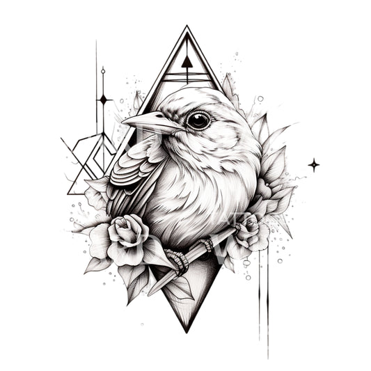 Black and Grey Geometric Sparrow Tattoo