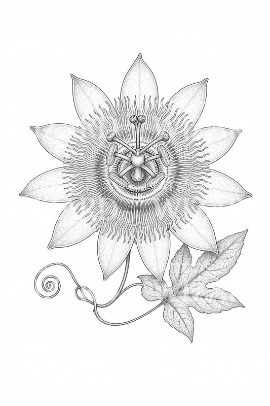 Desain tato fine line bunga passion flower