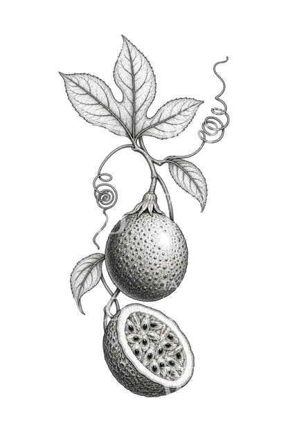 Desain Tato Sulur Markisa dan Buah Terbelah