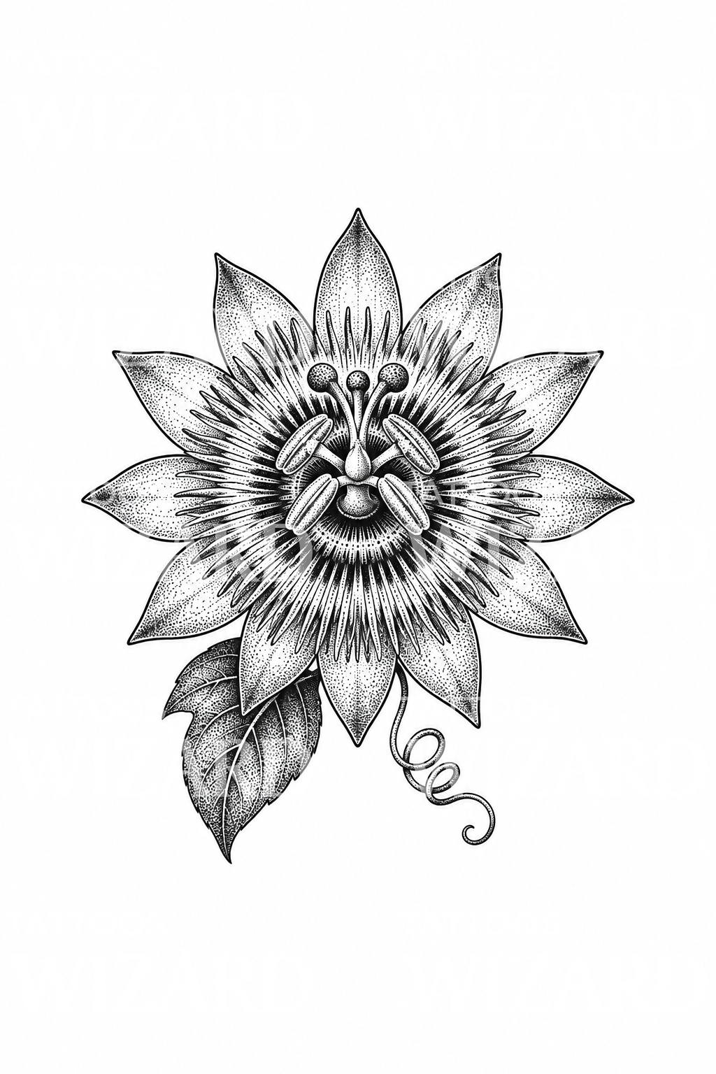Passionsblomst i blomst, dotwork-tatovering