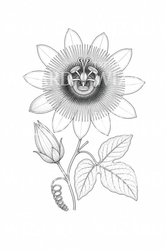 Botanisk tatoveringsdesign med passionsblomsterranke