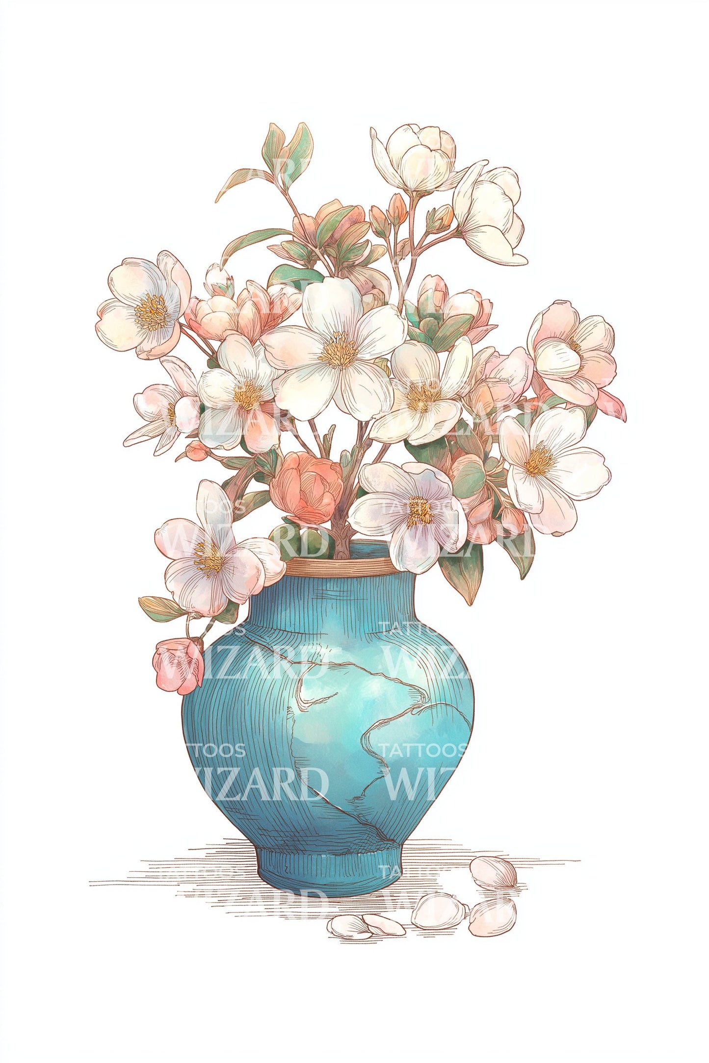 Pastel Peony Vase Tattoo Illustration