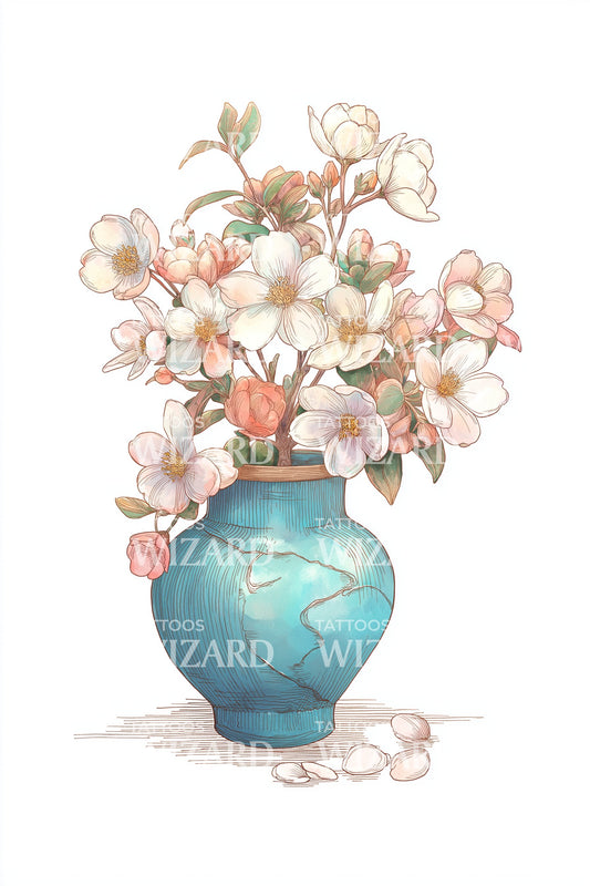 Pastel Peony Vase Tattoo Illustration