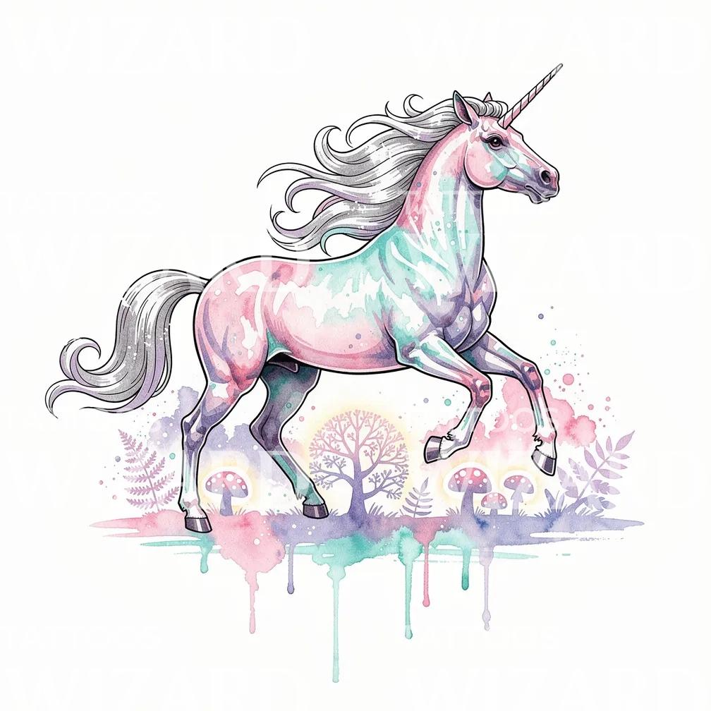 Pastel Unicorn Forest Tattoo Design