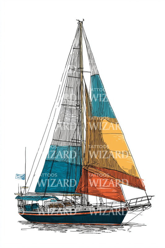 Patchwork Sail Yacht Tattoo Idea