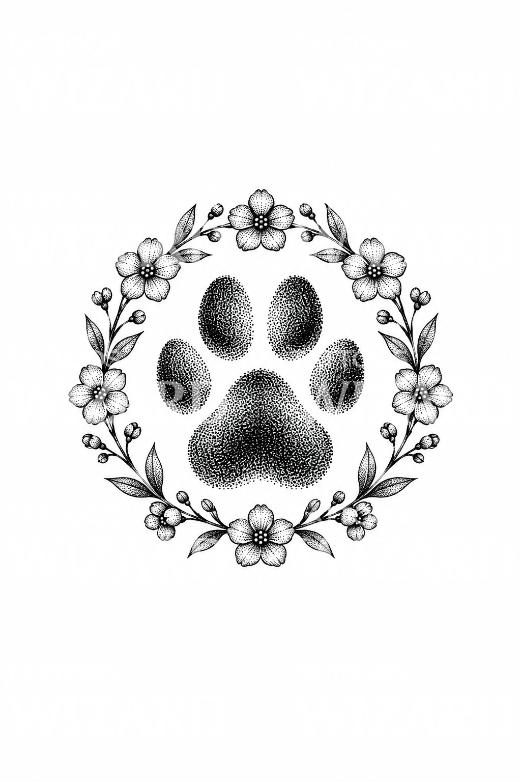 Tatuaggio dotwork con impronta in una ghirlanda di non-ti-scordar-di-me