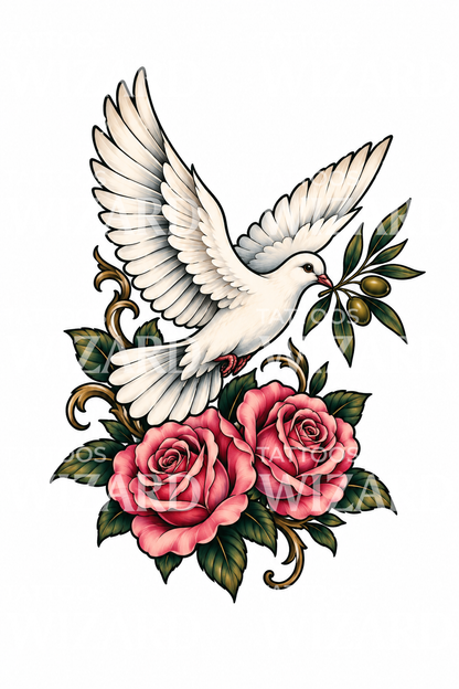 Tatouage colombe de la paix et roses