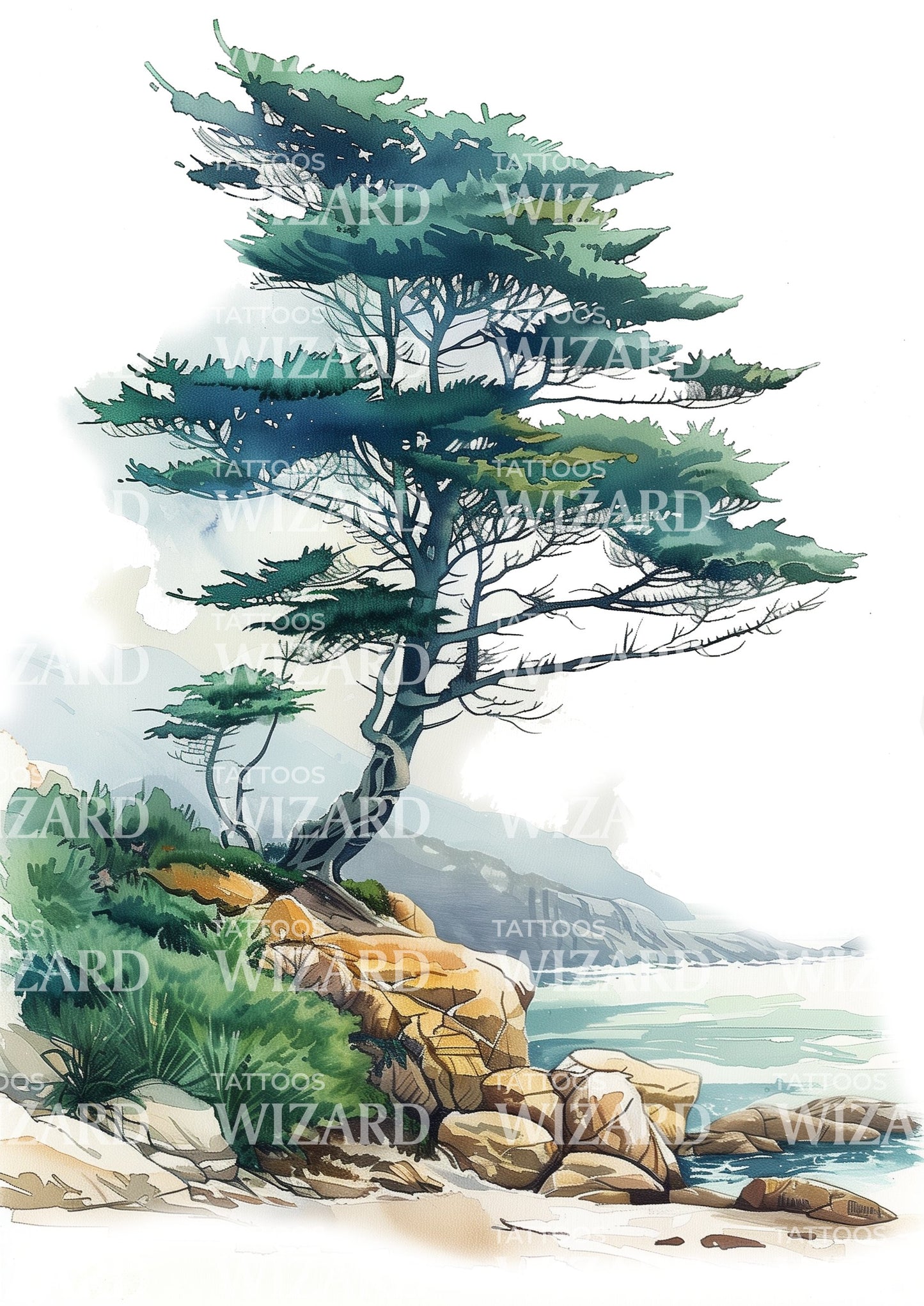 Peaceful Cypress and Landscape Tattoo Design