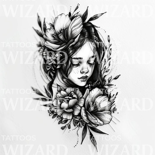 Peaceful Woman Surrounded by Flowers Tattoo Idea