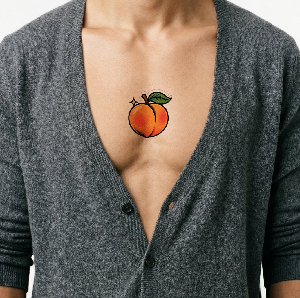 Errötender Pfirsich mit Blatt, Sticker-Tattoo-Idee