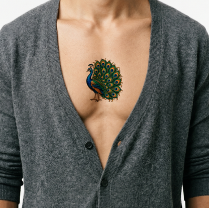 Peacock with Fanned Tail Neo Traditional Tattoo Illustration