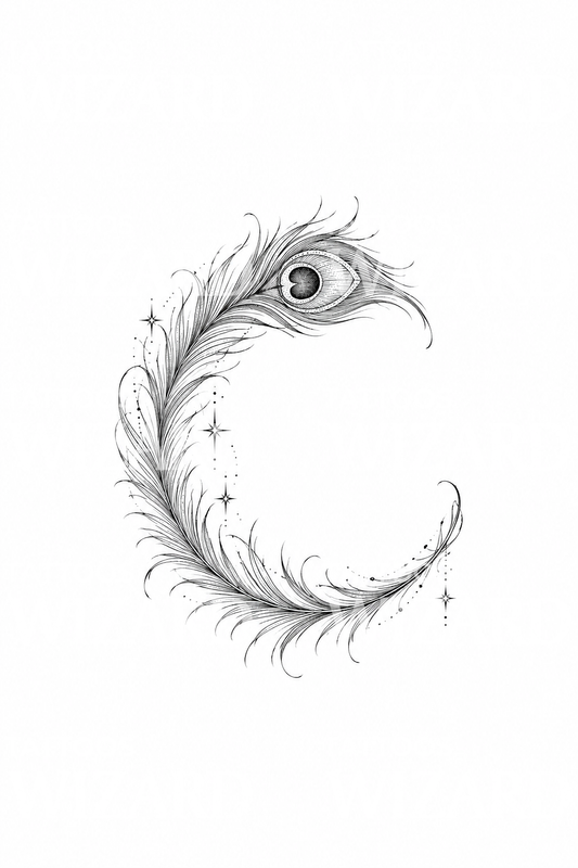 Fine-line tattoo van een pauwenveer en wassende maan