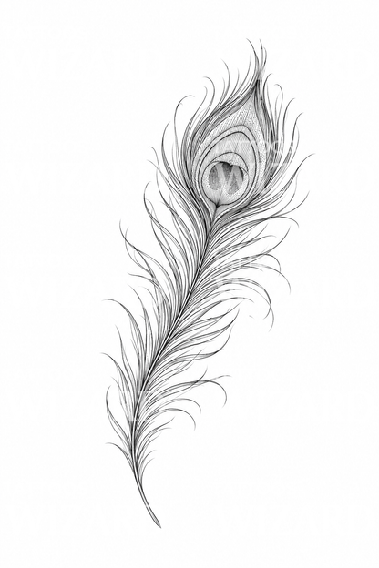 Design de tatuagem de pena de pavão em linha fina