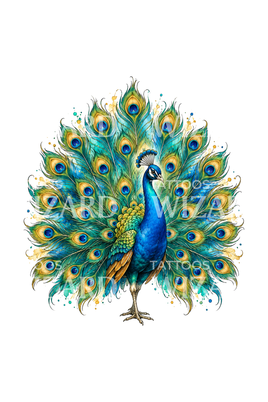 Peacock in Full Display Watercolor Tattoo Illustration