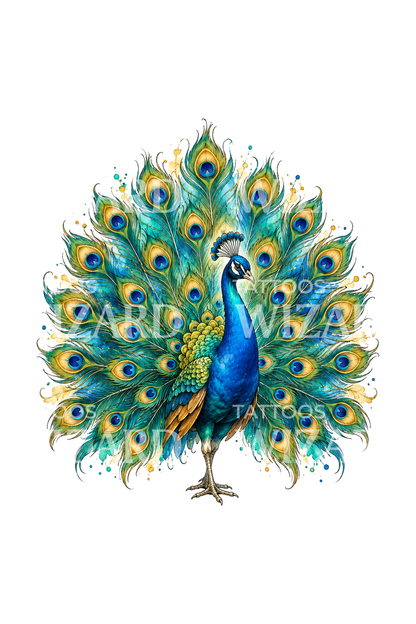 Peacock in Full Display Watercolor Tattoo Illustration