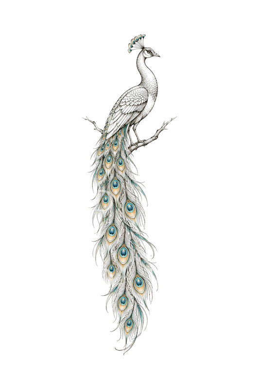Peacock Perched on Branch Fine Line Tattoo Idea