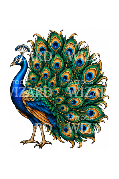 Peacock with Fanned Tail Neo Traditional Tattoo Illustration