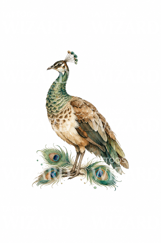 Peahen with Fallen Peacock Feathers Watercolor Tattoo