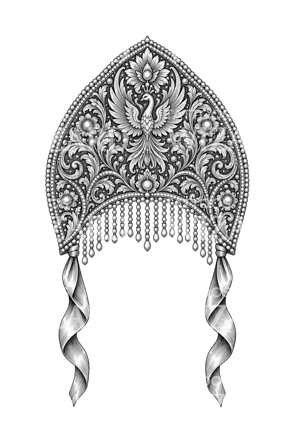 Tatoveringsdesign af perlebroderet kokoshnik-hovedbeklædning