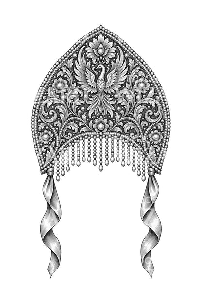 Tatoveringsdesign af perlebroderet kokoshnik-hovedbeklædning
