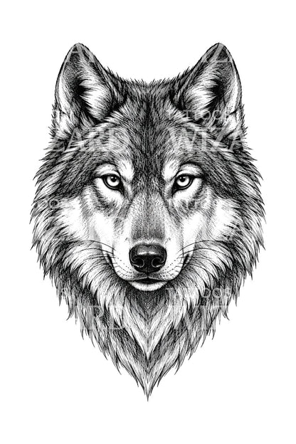 Ilustração de tatuagem de retrato de lobo a caneta