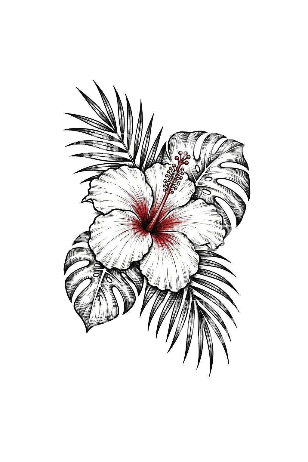 Tatuagem a lápis de hibisco com palmeira e monstera