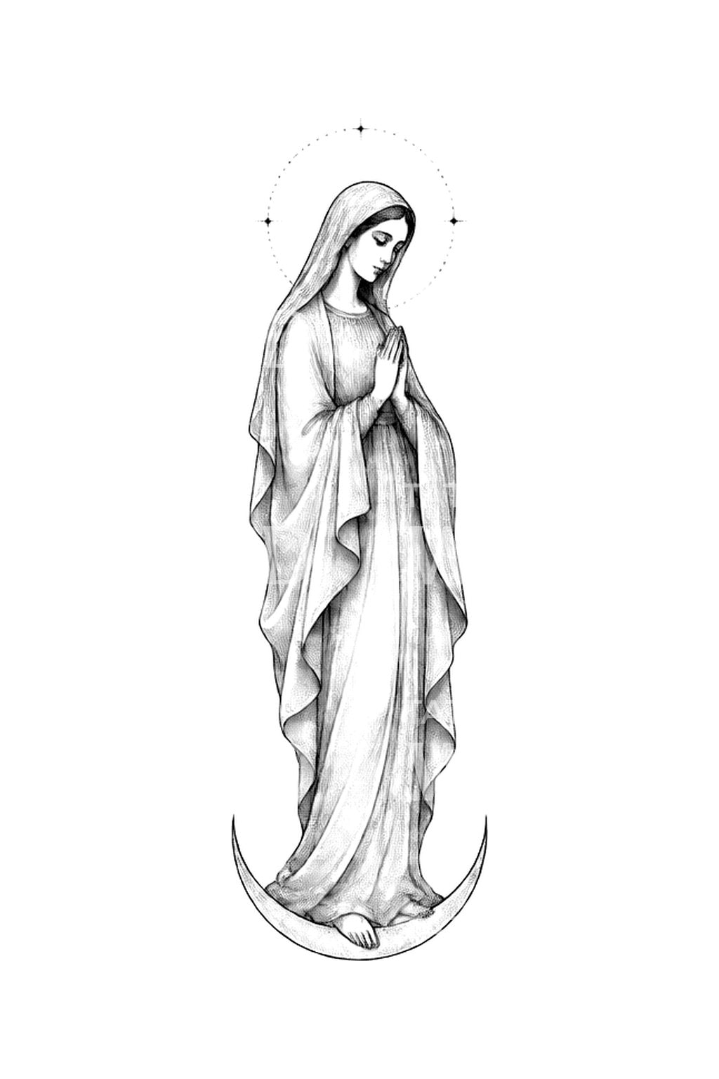 Pencil Virgin Mary Standing on Moon Tattoo Design