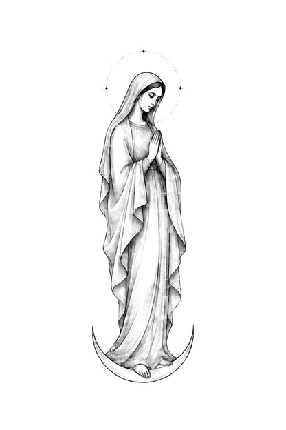 Pencil Virgin Mary Standing on Moon Tattoo Design