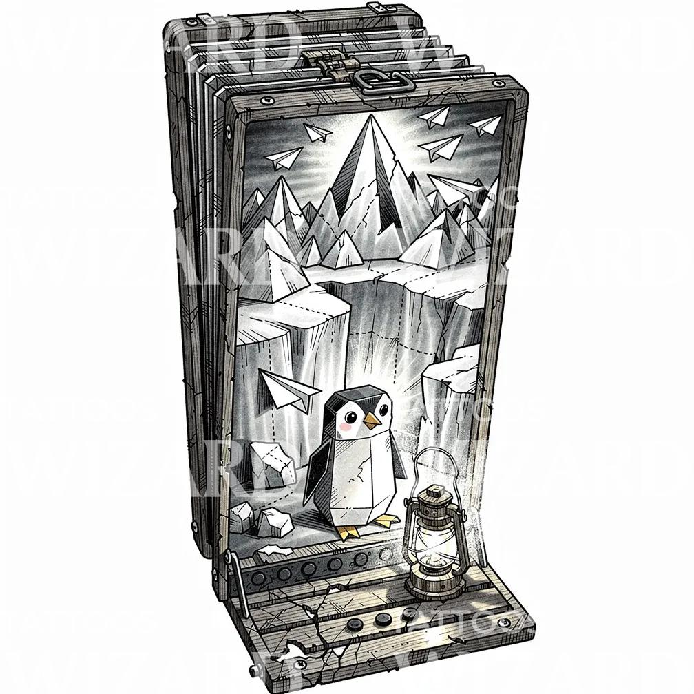 Penguin Adventure Suitcase Tattoo Design