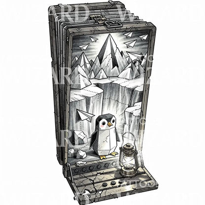 Penguin Adventure Suitcase Tattoo Design
