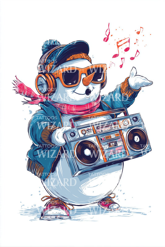 Penguin Boombox DJ Tattoo Illustration