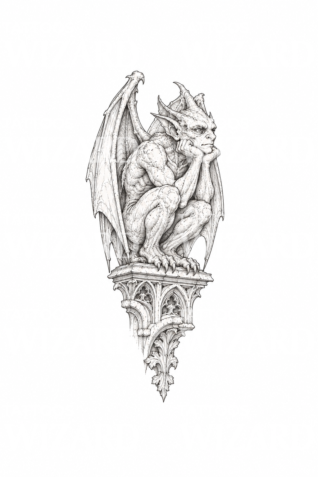 Eftertænksom gargoyle på katedralafsats, tatoveringsdesign