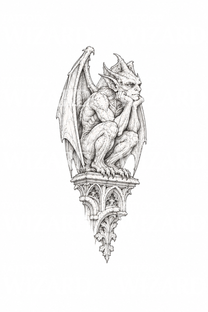 Eftertænksom gargoyle på katedralafsats, tatoveringsdesign