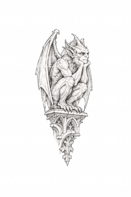 Eftertænksom gargoyle på katedralafsats, tatoveringsdesign