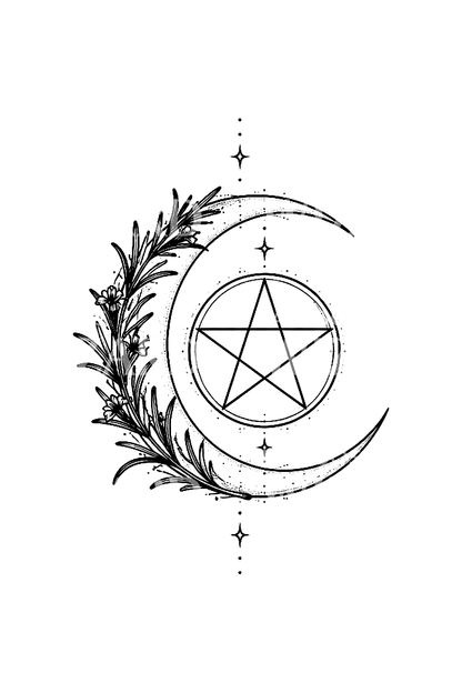 Tatuaggio fine line con pentacolo nella luna crescente e rosmarino