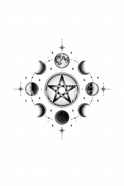 Tatoveringsdesign med pentagram og månefaser
