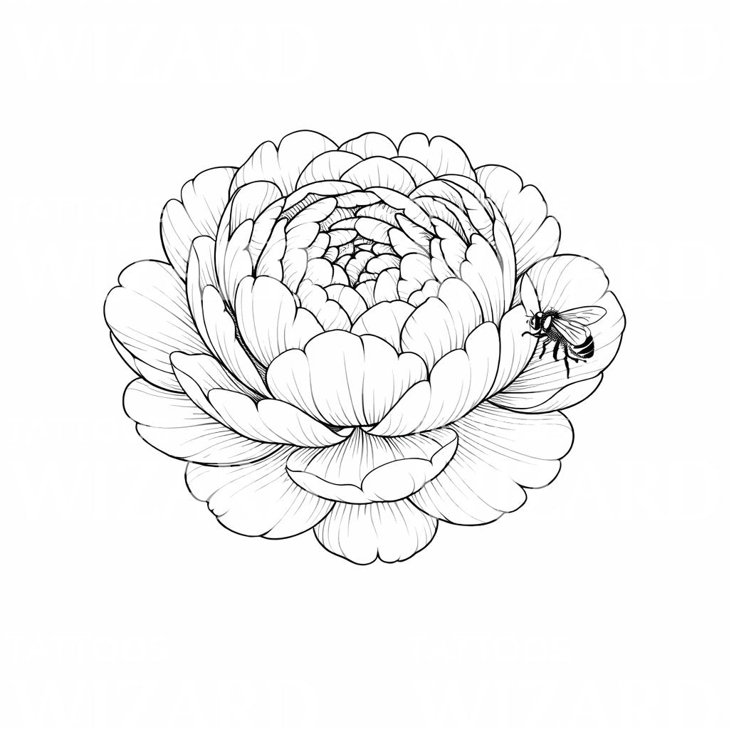 Peony and Bee Tattoo Design