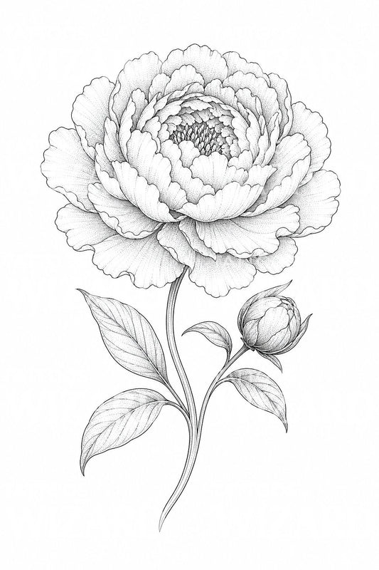 Pioenbloem fine line tattoo ontwerp