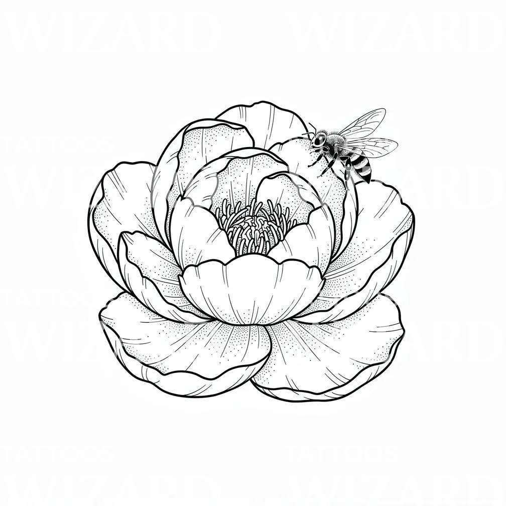 Peony Blossom and Bee Tattoo Illustration