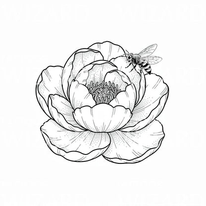 Peony Blossom and Bee Tattoo Illustration