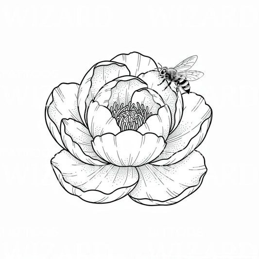 Peony Blossom and Bee Tattoo Illustration