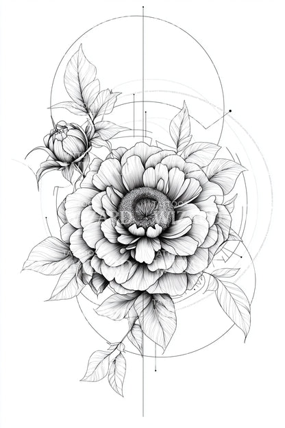 牡丹蓝图素描纹身设计