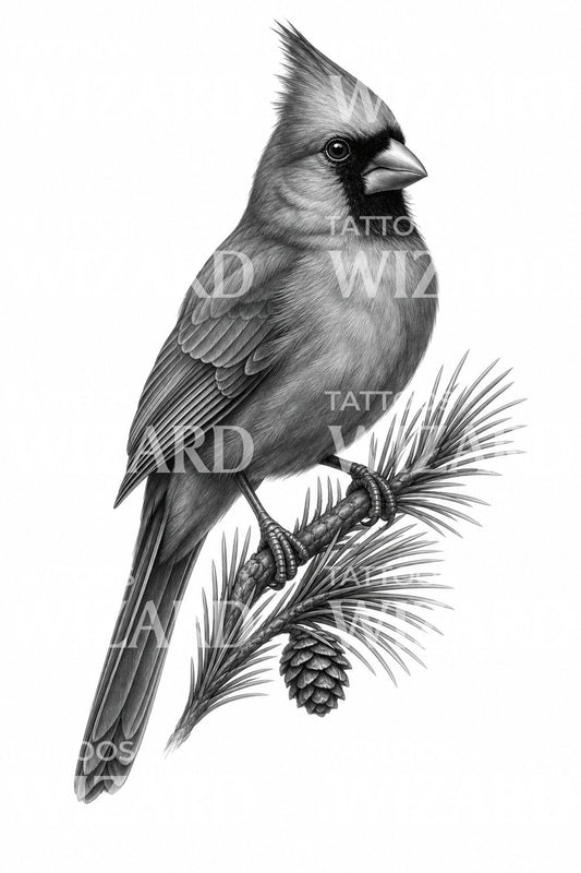 Perched Cardinal Black and Grey Tattoo Design
