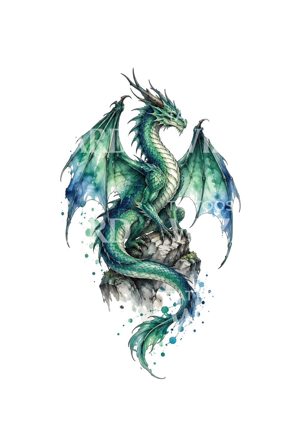 Perched Dragon with Ink Splash Tail Tattoo Design