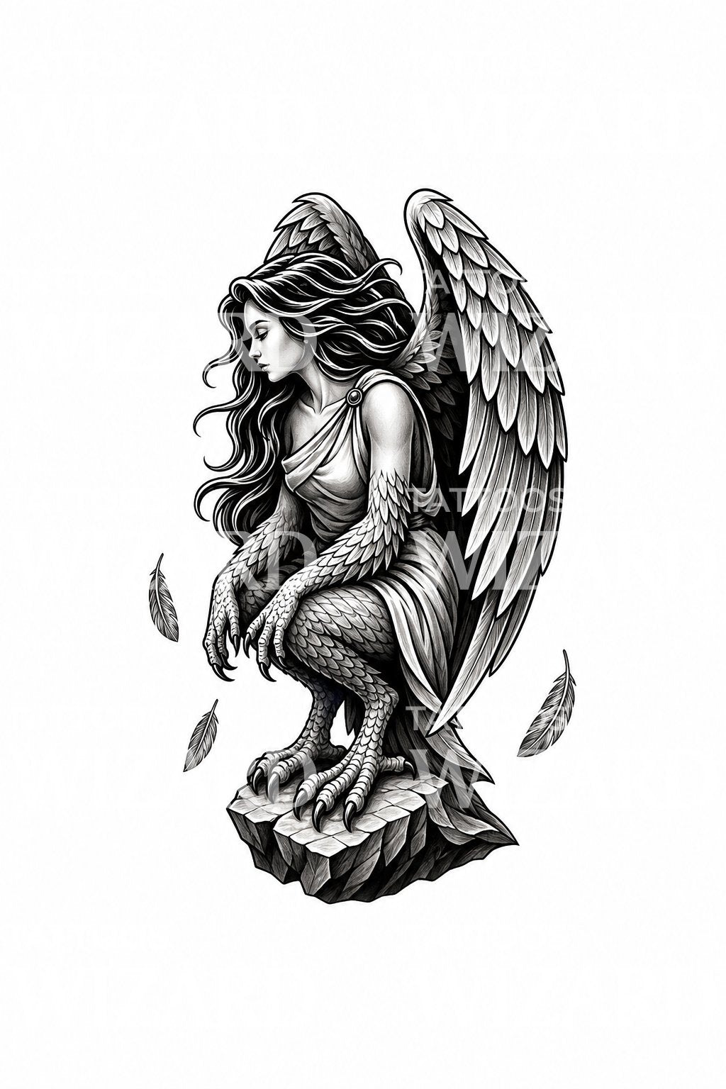 Perched Harpy Winged Figure Tattoo Illustration
