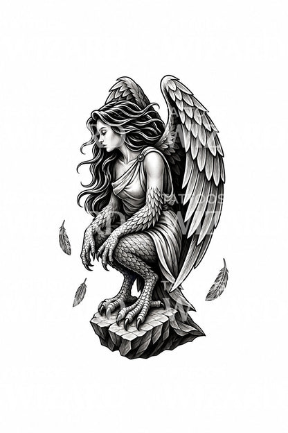 Perched Harpy Winged Figure Tattoo Illustration