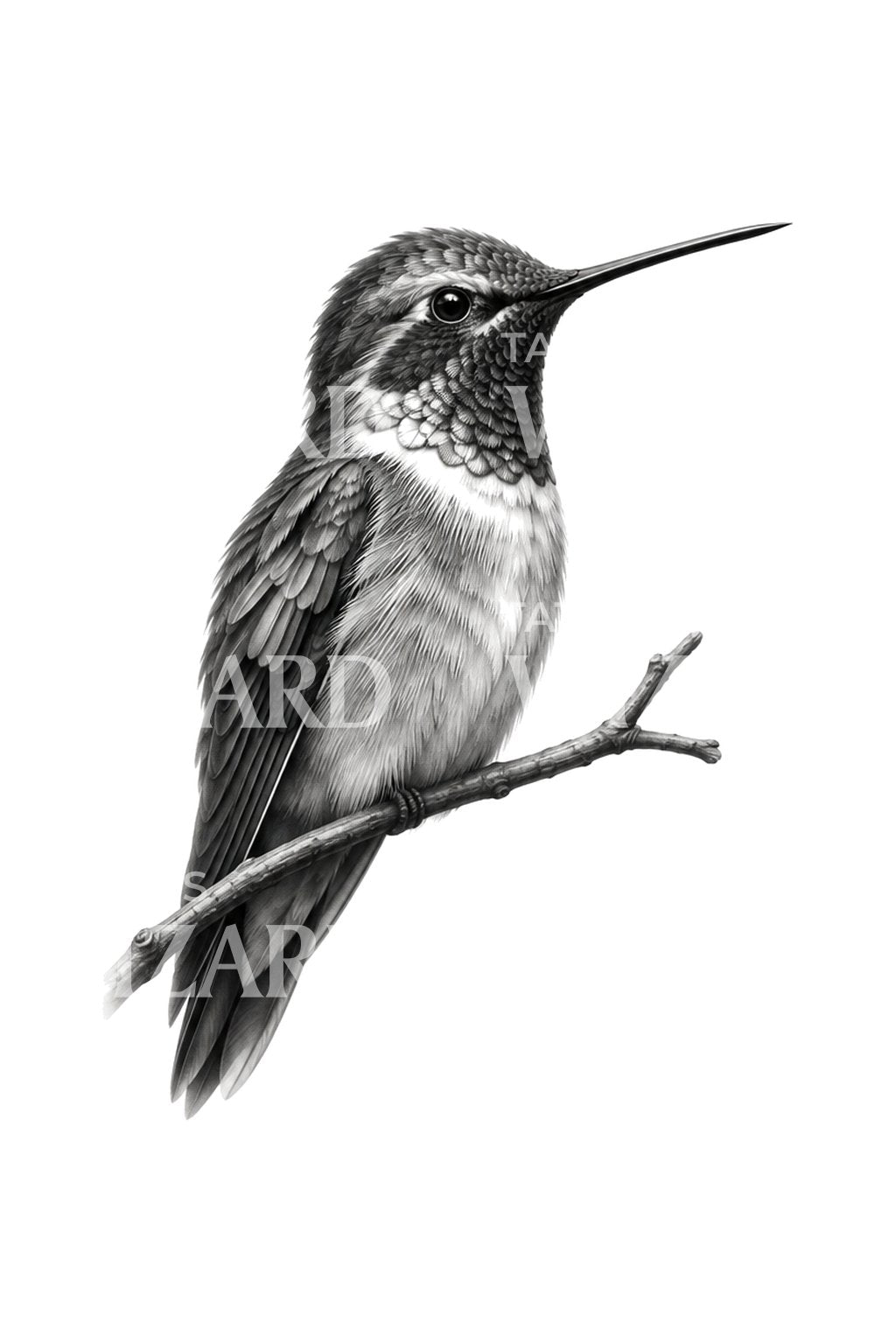 Ilustrasi Tato Burung Kolibri Bertengger Realistis